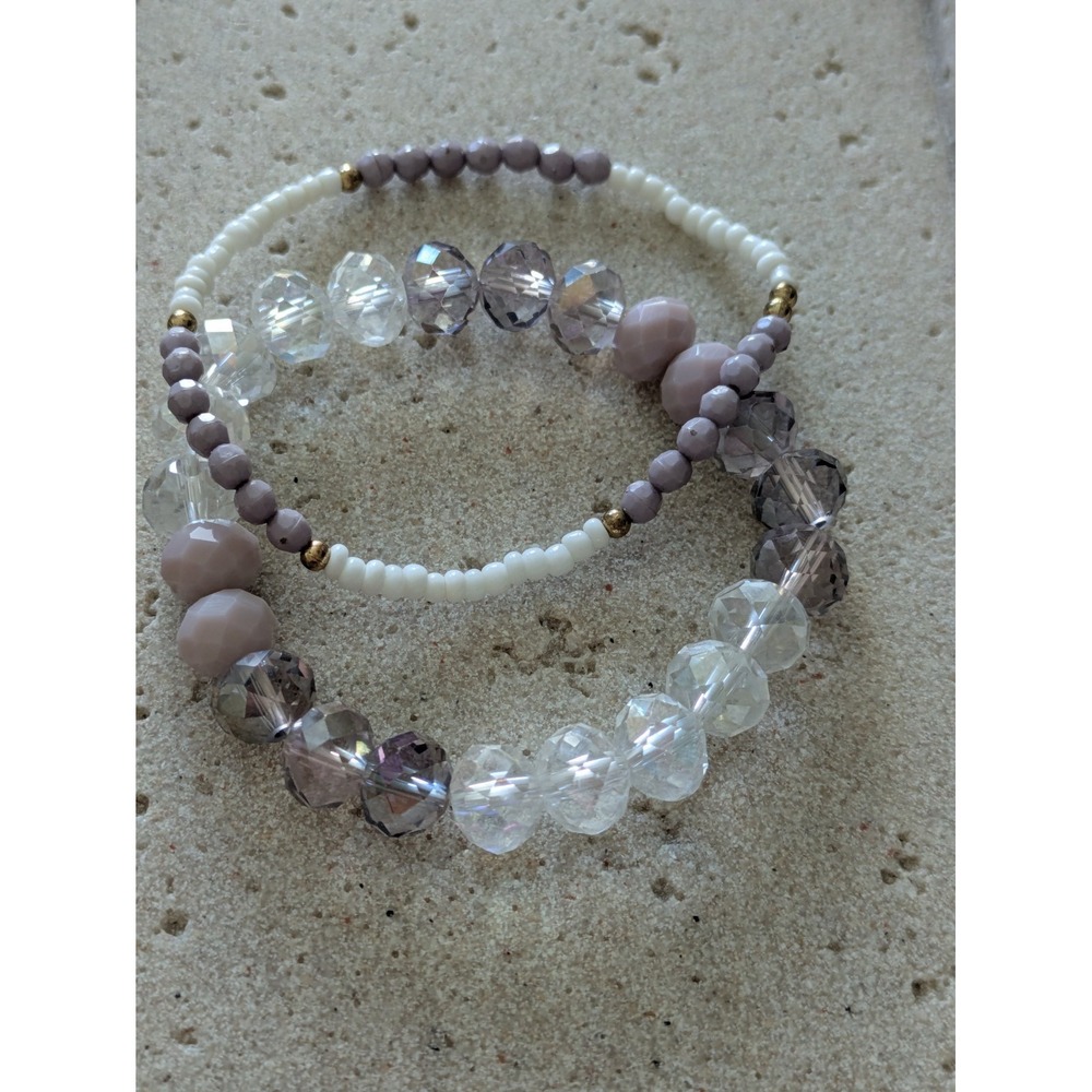 Romantic Beaded Bracelets Set Of Two Lilac Purple Whimsical Stretchy Unbranded